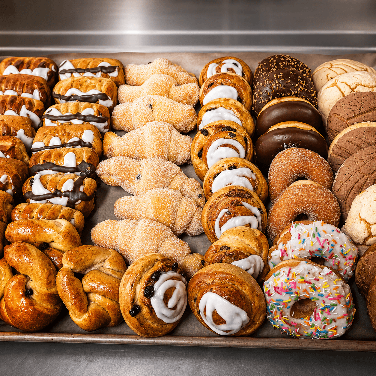 Charola de pan dulce recién horneado en Bread and Cake